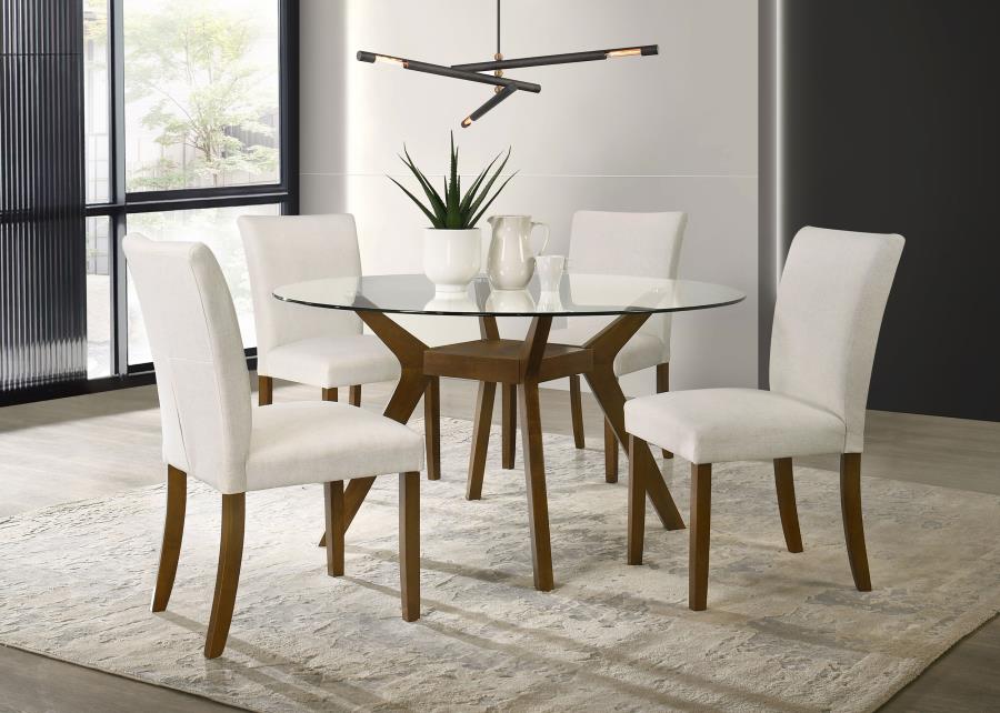 (image for) Paxton 5-Piece Round Glass Top Dining Set with Beige Parsons Chairs
