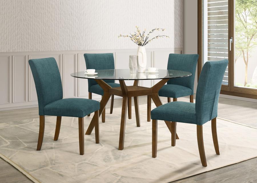 (image for) Paxton 5-Piece Round Glass Top Dining Set with Teal Blue Parsons Chairs