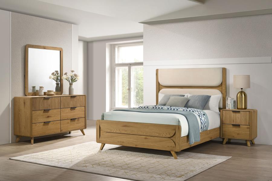 (image for) Bennett Full Cream Upholstered 4-Piece Mid-Century Bedroom Set Light Oak