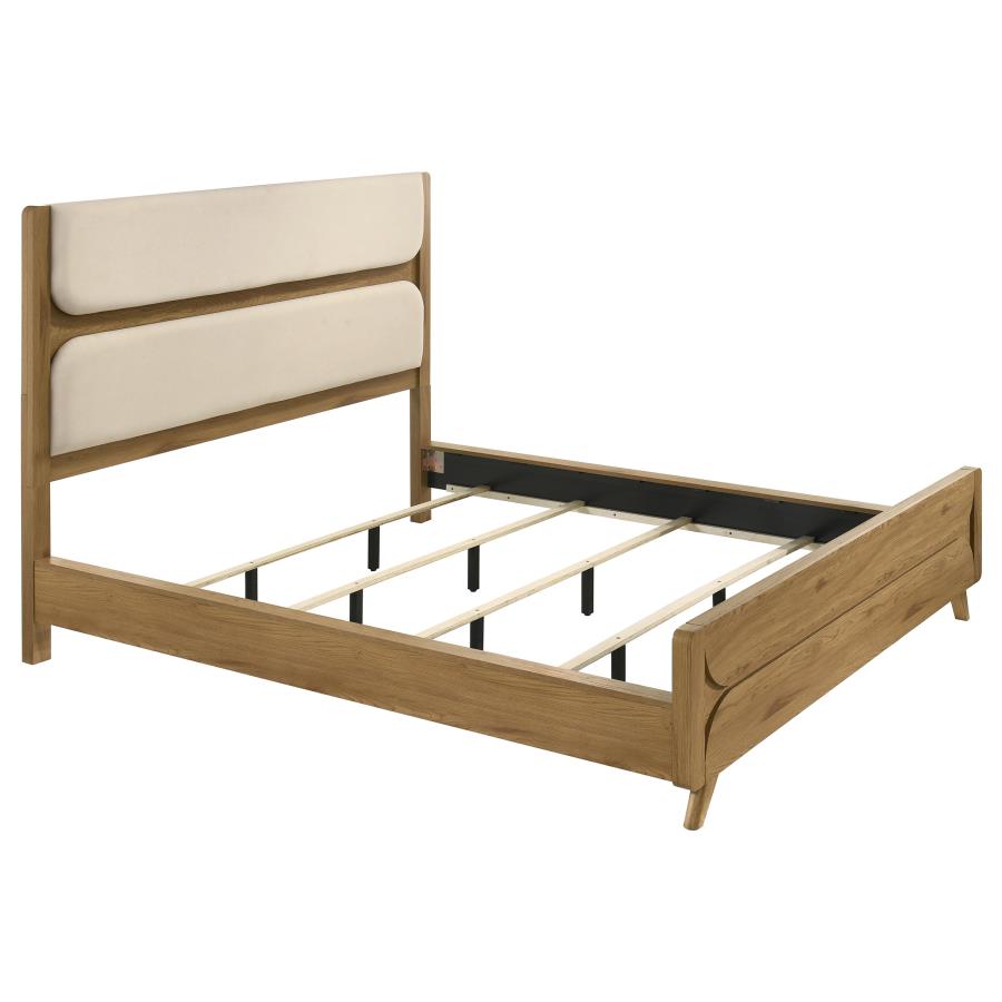 (image for) Bennett California King Mid-Century Fabric Upholstered Panel Bed Light Oak