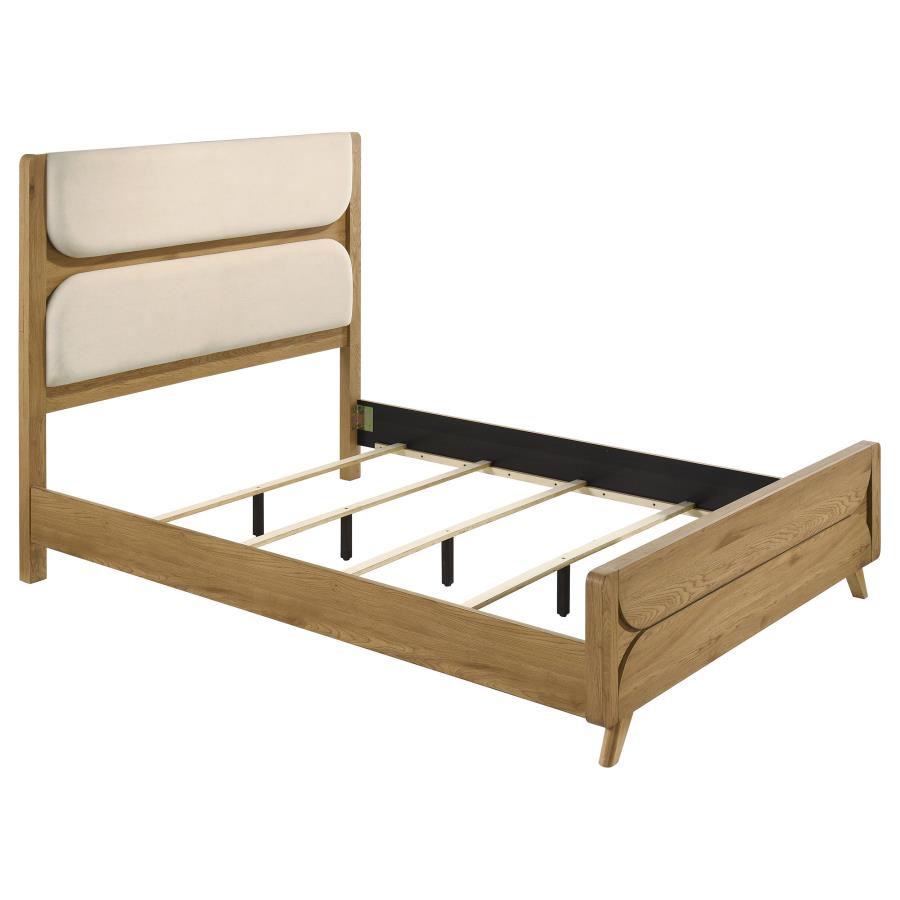 (image for) Bennett Queen Mid-Century Fabric Upholstered Panel Bed Light Oak
