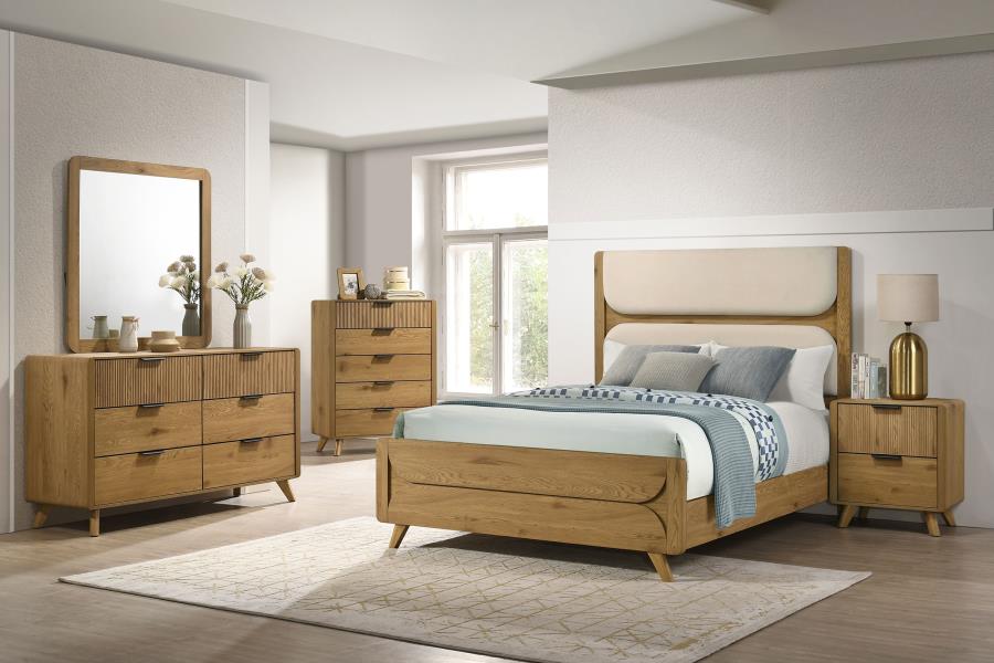 (image for) Bennett Twin Cream Upholstered 5-Piece Mid-Century Bedroom Set Light Oak