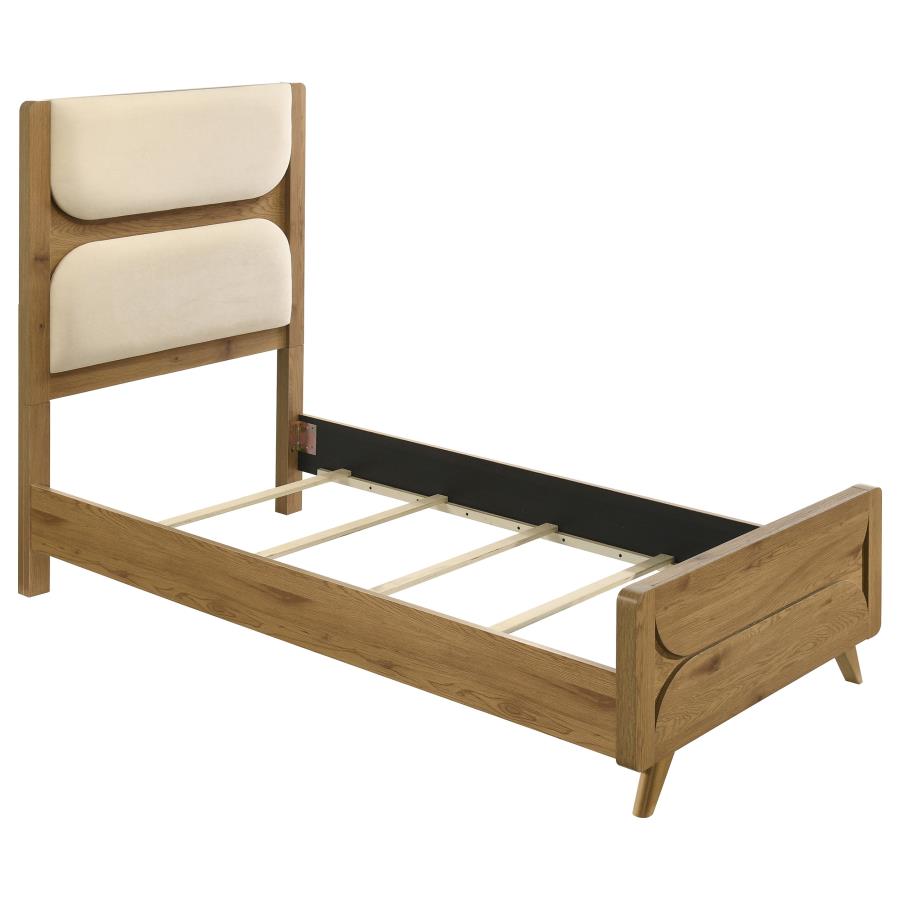 (image for) Bennett Twin Mid-Century Fabric Upholstered Panel Bed Light Oak and Cream