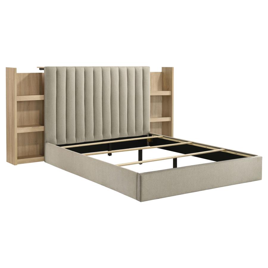 (image for) Arielle Queen Upholstered Bookcase Bed Light Tan and Light Oak