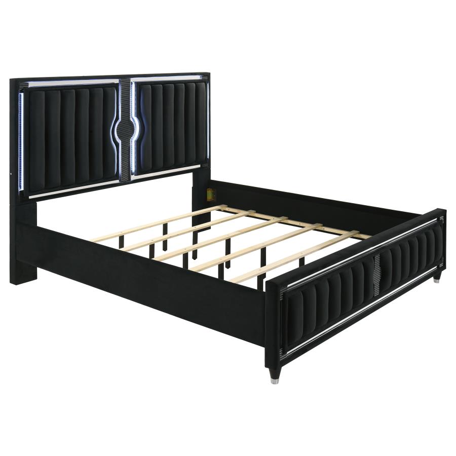 (image for) Ravenne Velvet Upholstered Eastern King LED Panel Bed Black