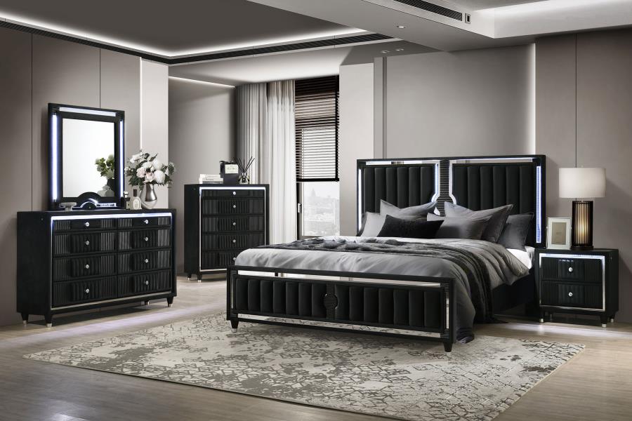 (image for) Ravenne 5-piece Velvet Upholstered California King LED Bedroom Set Black