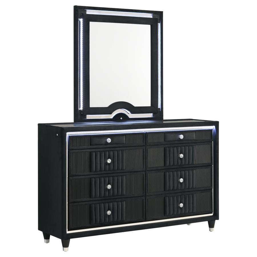 (image for) Ravenne 8-drawer Velvet Upholstered LED Dresser and Mirror Black