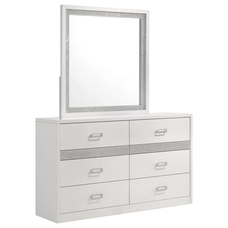 (image for) Viana 6-Drawer Bedroom Dresser with Beveled Mirror White High Gloss