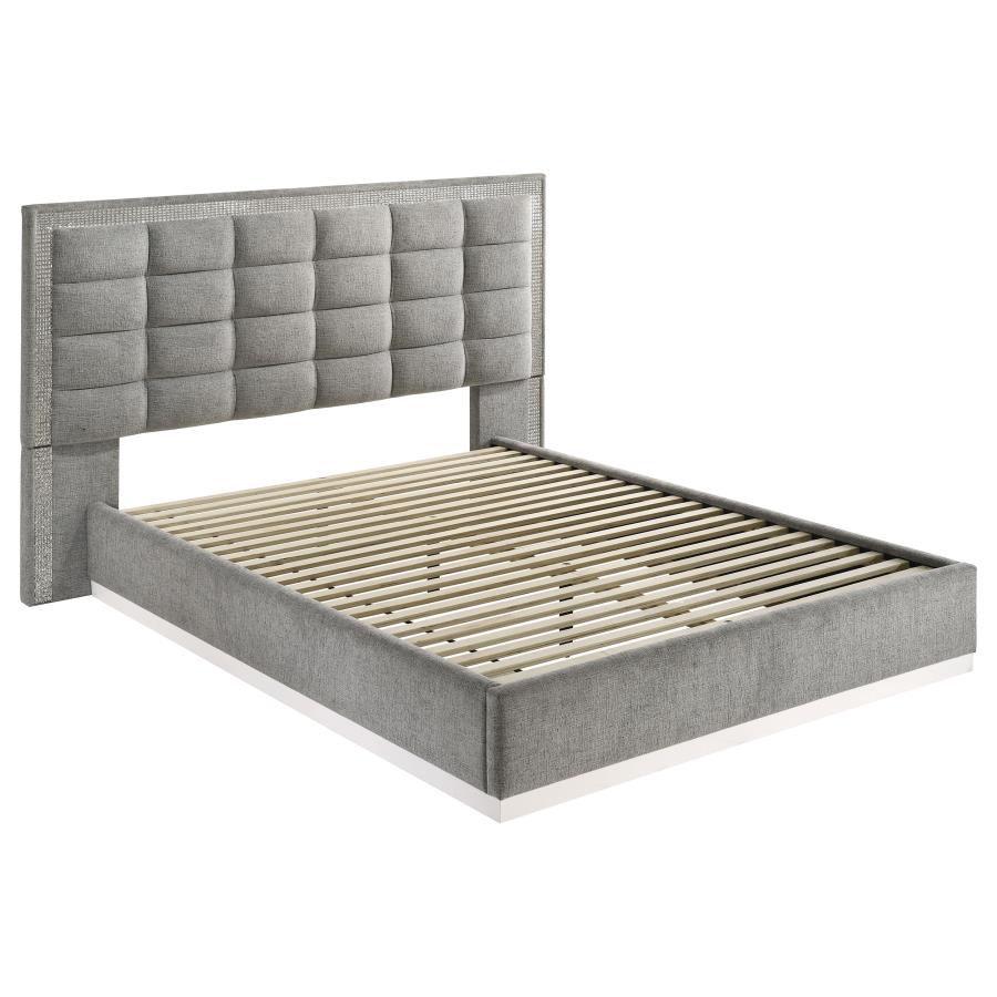 (image for) Viana Queen Chenille Platform Bed Grey and White High Gloss