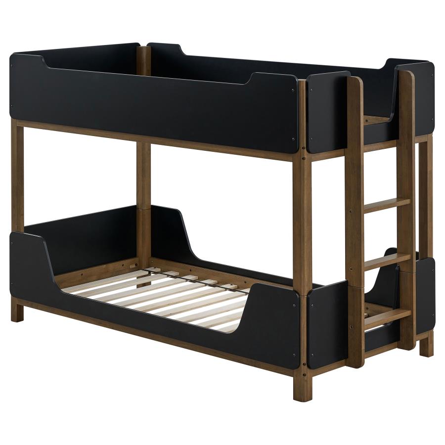 (image for) Morris Twin Over Twin Wood Bunk Bed with Ladder Walnut and Black
