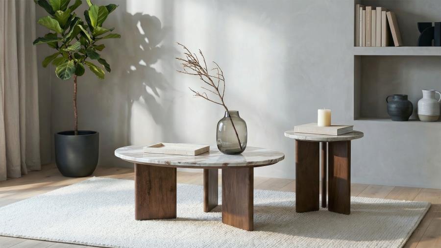 (image for) Jenna 2-piece Round Marble Top Coffee Table Set Brown