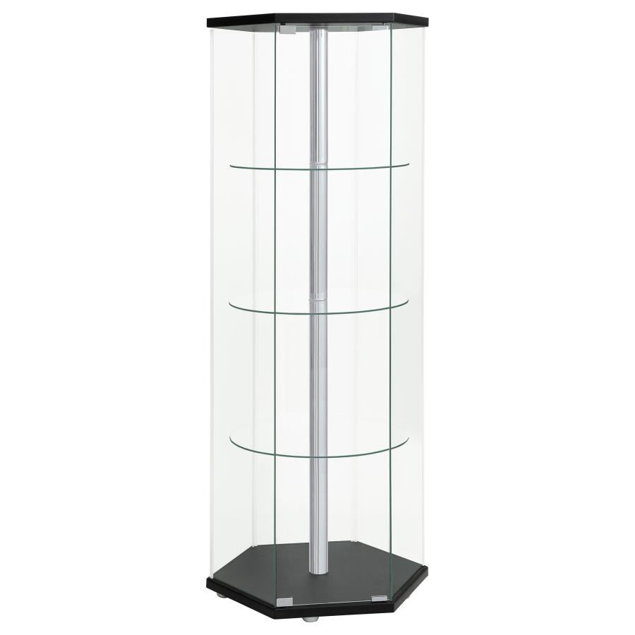 (image for) Zahavah 4-shelf Hexagonal Clear Glass Curio Cabinet Black